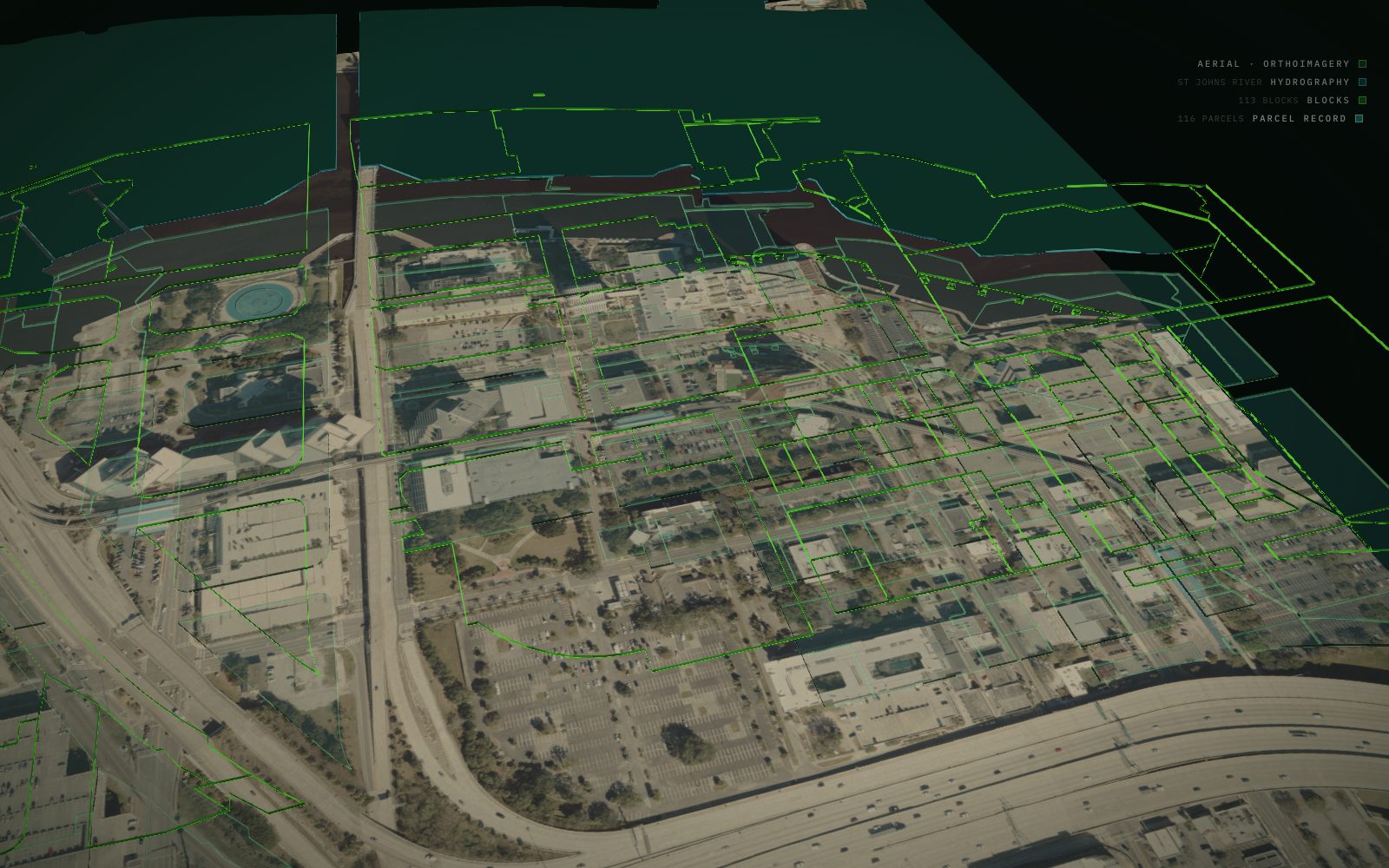The Jacksonville Southbank site rendered from aerial imagery, with the surrounding buildings standing up around a single parcel